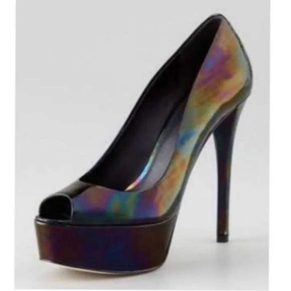 Brian Atwood Bambola iridescent patent leather Peep toe high heel Adriadic Black - Picture 1 of 13